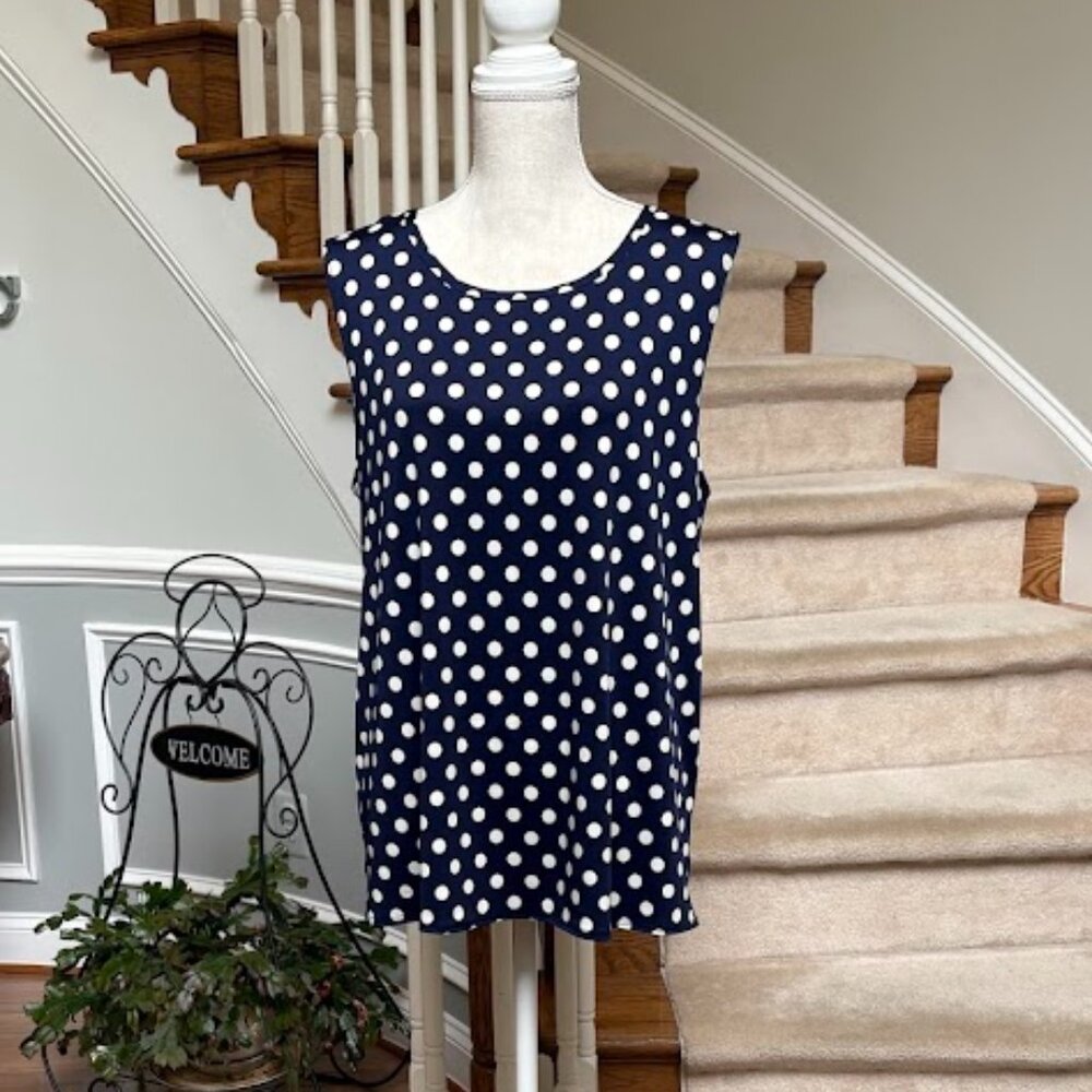 Promises Promises Blue White Polka Dot Sleeveless V-Neck Tie Boho Top Sz L